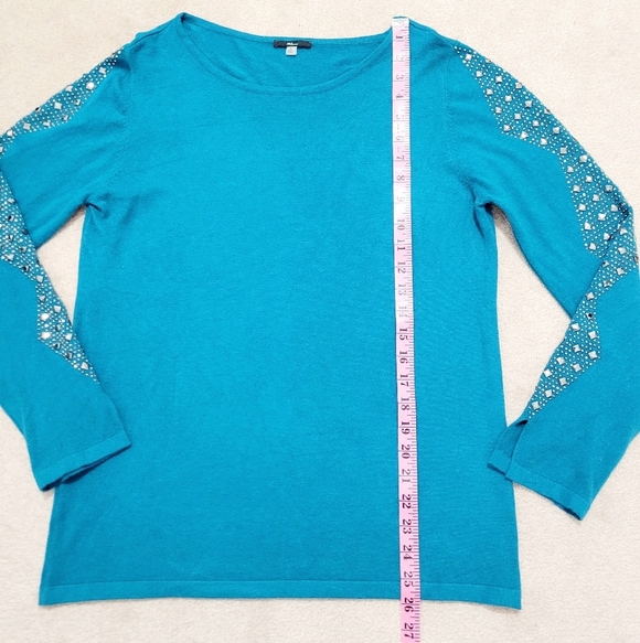 Milano Teal Knit Sweater Women’s Size Large Beaded Studded Sleeve Pullover Top - Picture 7 of 10
